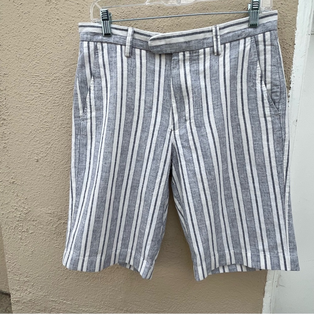 J.Crew Rivington Linen Flat Front Blue White Striped Bermuda Shorts Size 30”